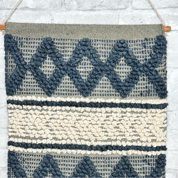 Boho Woven Wool Wall Hanging Tapestry Size 17" x 34" Cream Tan Blue Neutral - Picture 2 of 10